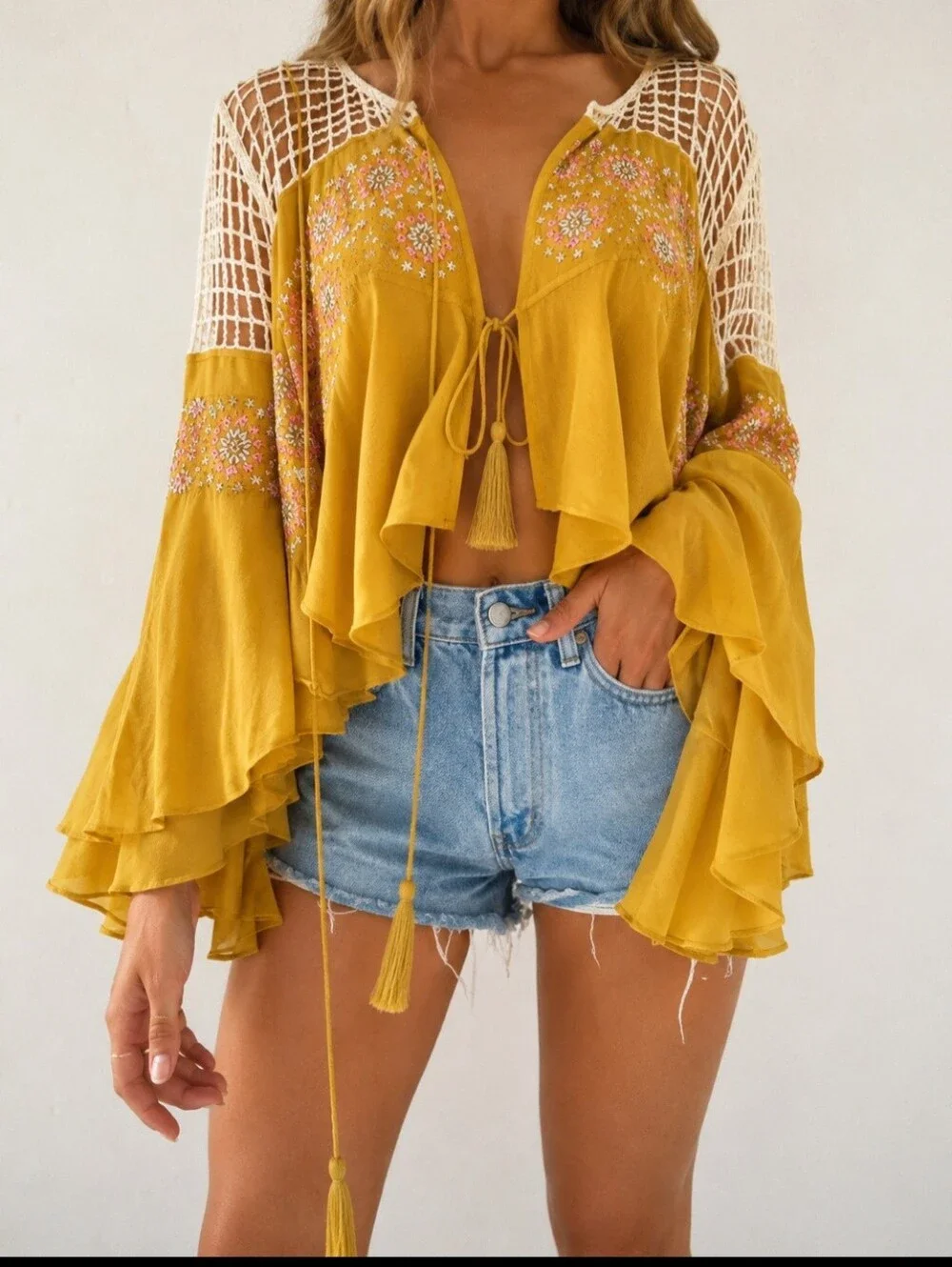 Free People Mustard Embroidered Crochet-Yoke Tunic